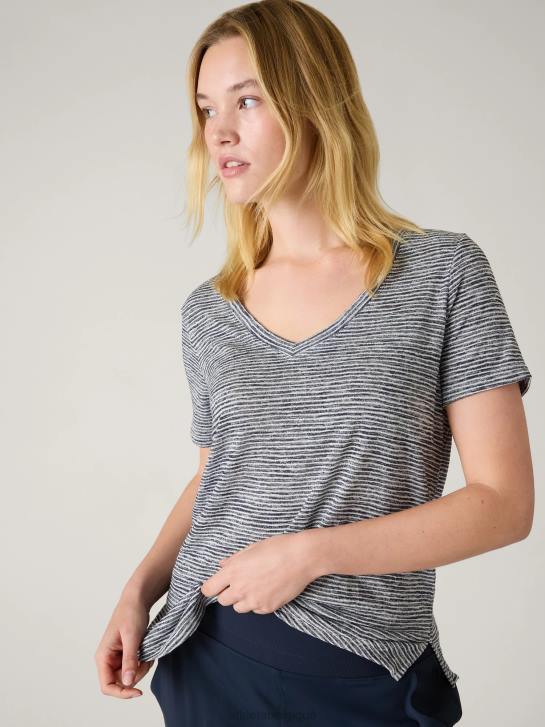 Athleta femmes t-shirt léger en V JRTZ485 vêtements rayure marine